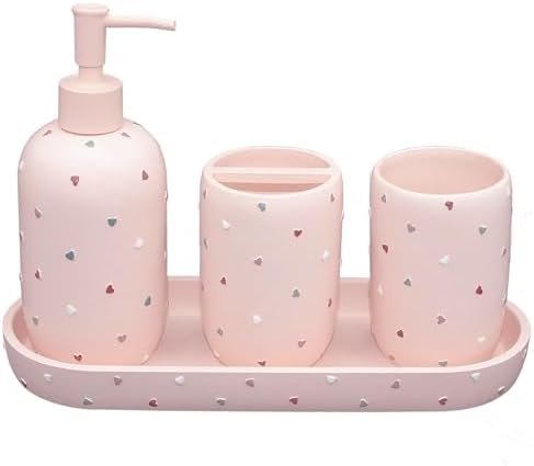 Premium Pastel Heart 4-Piece Bathroom Accessory Set - Pink