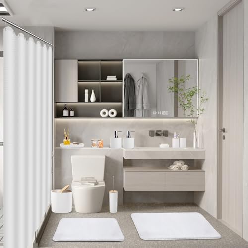 Essential White Bathroom Set with Woven Rugs Shower Curtain for Home Use
