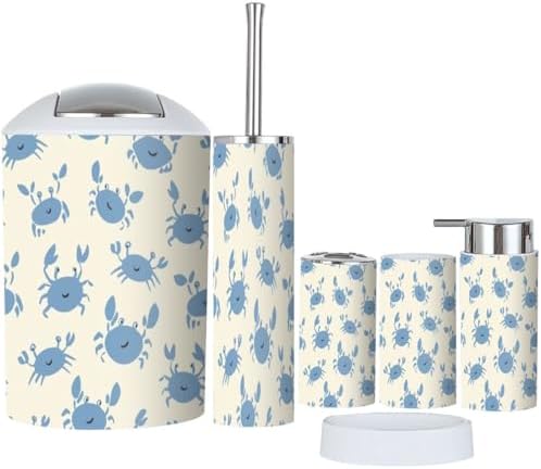6-Piece Bathroom Set with Repeating Blue Crabs Durable Stylish