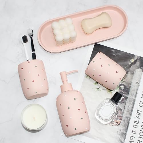 Premium Pastel Heart 4-Piece Bathroom Accessory Set - Pink
