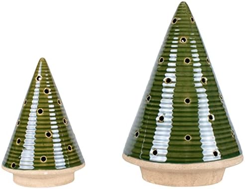 Glossy Green Tree Stoneware Tea Light Candle Holder Set 2