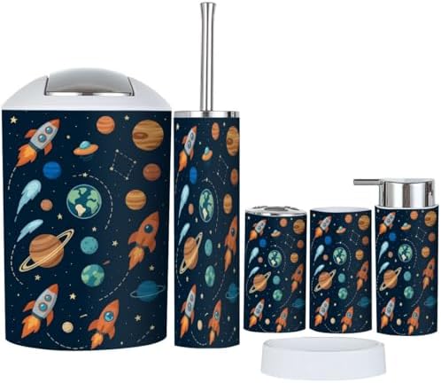 Bathroom Helper Set 6-Piece Space Theme Kids Cartoon Planet Seamless Rocket UFO