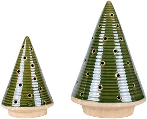 Glossy Green Tree Stoneware Tea Light Candle Holder Set 2