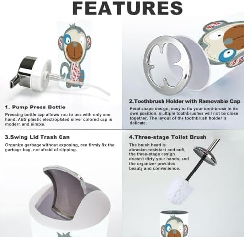 JBNJANKDAVCute Monkey Bathroom Accessories Set of 6 for Kids and Adults