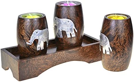 AeraVida Three Mini Barrel Pewter Elephant Wooden Tea Light Candle Holder Set