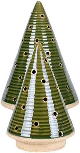 Glossy Green Tree Stoneware Tea Light Candle Holder Set 2
