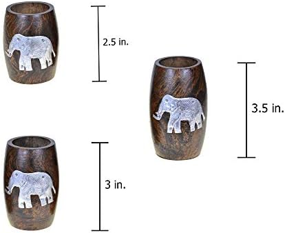 AeraVida Three Mini Barrel Pewter Elephant Wooden Tea Light Candle Holder Set