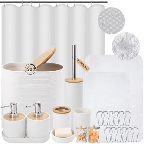 Essential White Bathroom Set with Woven Rugs Shower Curtain for Home Use