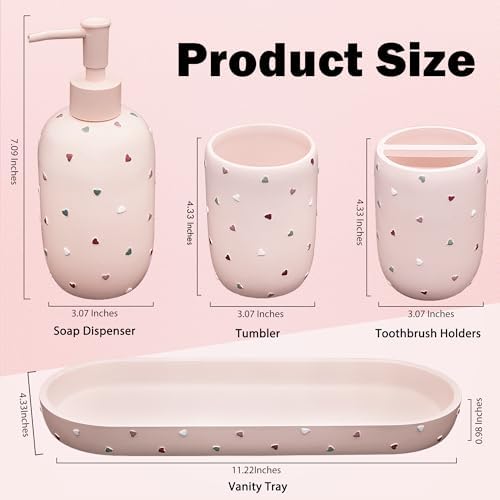 Premium Pastel Heart 4-Piece Bathroom Accessory Set - Pink