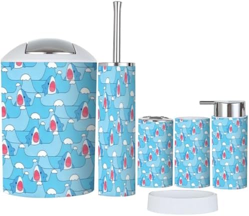 Cute Shark Sea Wave Bathroom Accessories Set 6 Pcs