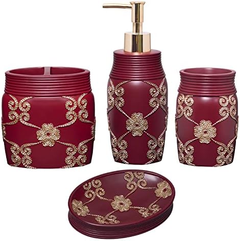 4pc Elegant Rose Accessory Set - Burgundy Bathroom Accessories