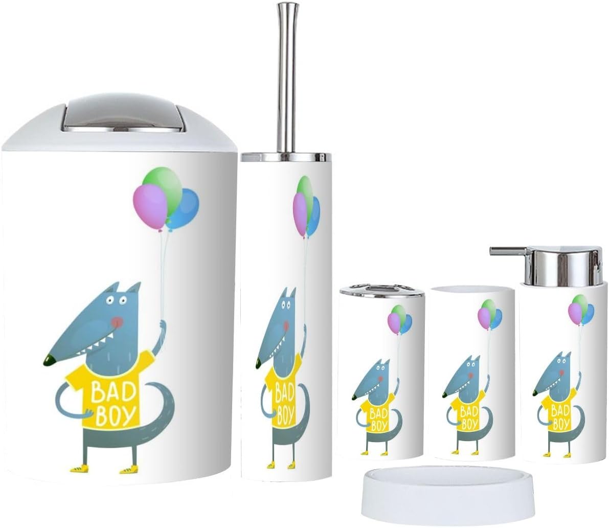 6-Piece Kids Bathroom Set Wolf Dog Balloons Pvc Dispenser