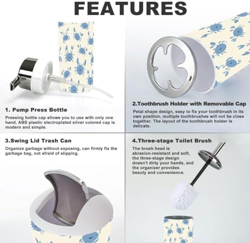 6-Piece Bathroom Set with Repeating Blue Crabs Durable Stylish
