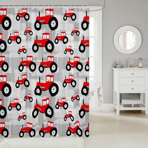 Stylish Red Tractor Bathroom Curtain Set
