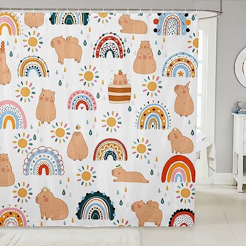 Capybara Shower Curtain 72x72 Kids Rainbow Cartoon Bath Curtain Set