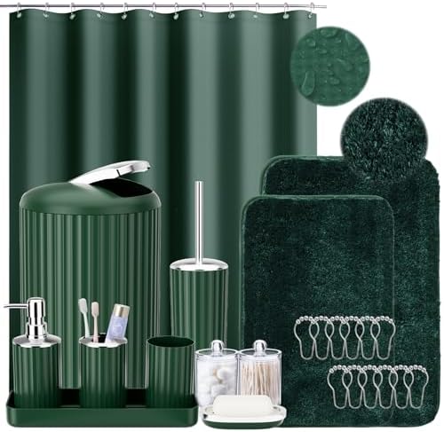 XLHOMO 24-Piece Dark Green Bathroom Accessory Set with Shower Curtain Rugs