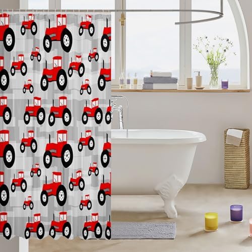 Stylish Red Tractor Bathroom Curtain Set