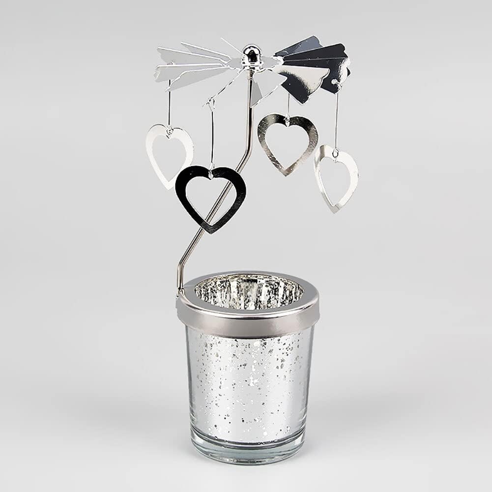 Rotary Spinning Love Heart Tea Lights Candle Holder - Silver