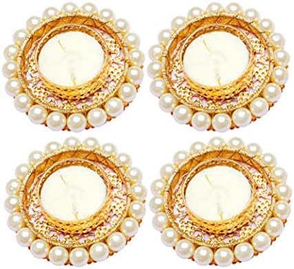 4-Piece Pearl Moti Design White Candle Holder Set