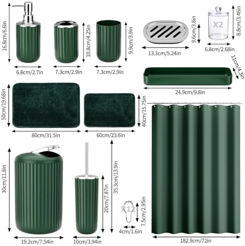 XLHOMO 24-Piece Dark Green Bathroom Accessory Set with Shower Curtain Rugs