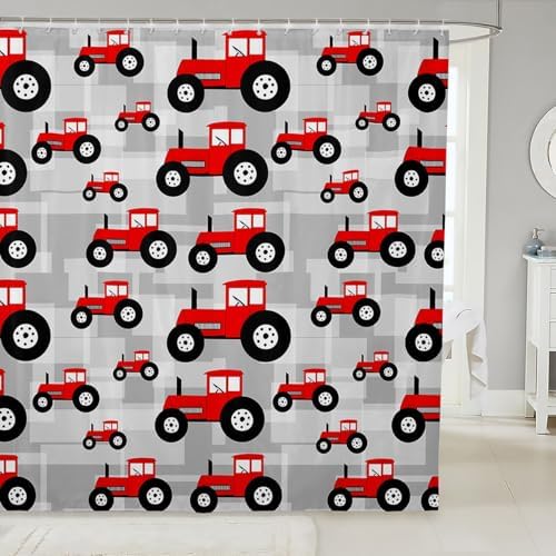 Stylish Red Tractor Bathroom Curtain Set