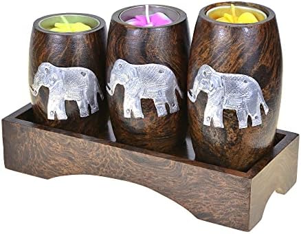 AeraVida Three Mini Barrel Pewter Elephant Wooden Tea Light Candle Holder Set
