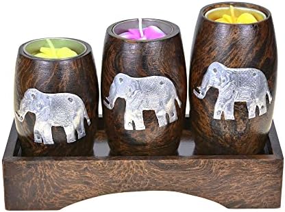 AeraVida Three Mini Barrel Pewter Elephant Wooden Tea Light Candle Holder Set