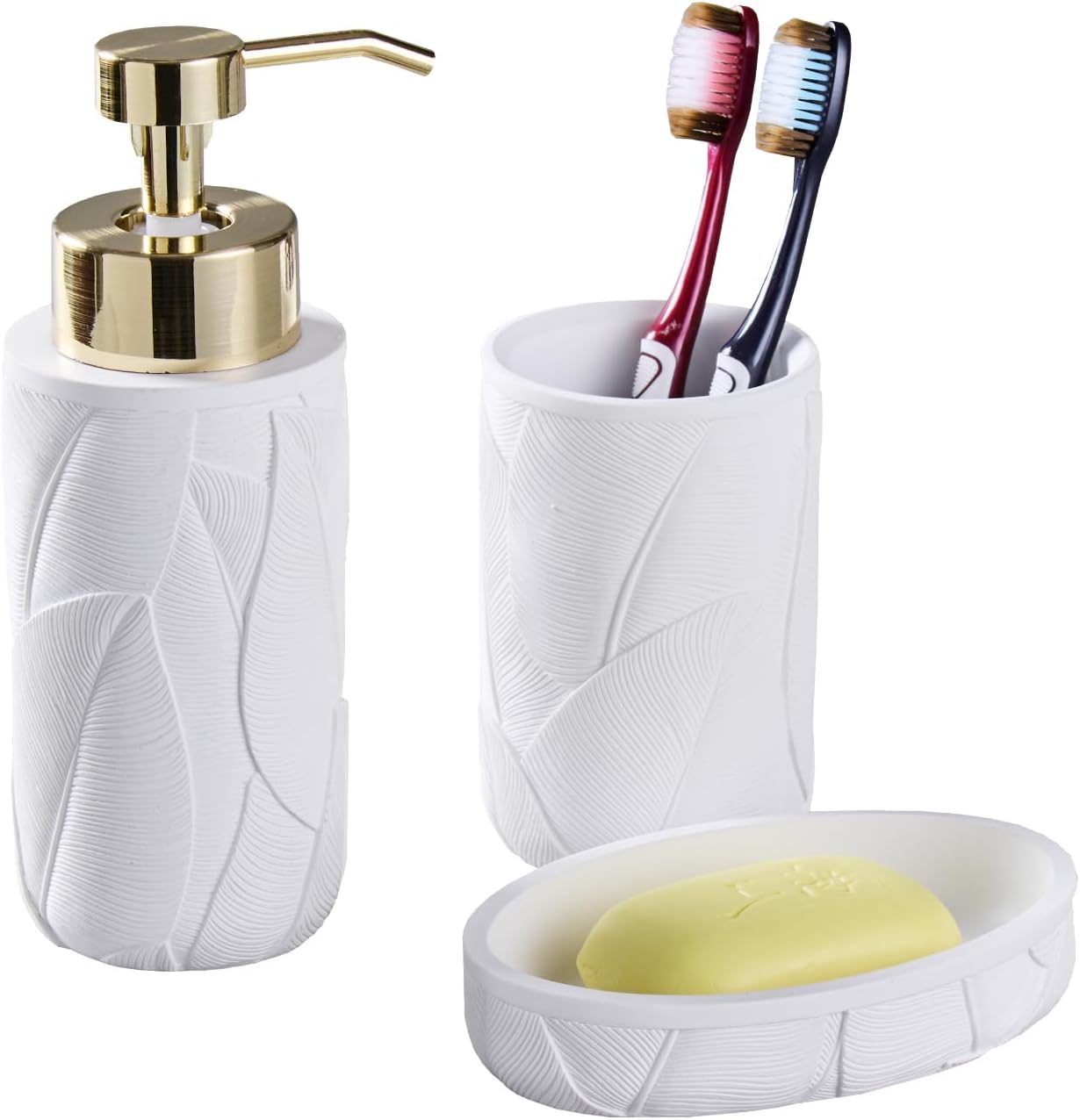 Tropical Leaves Bathroom Accessories Set 3 Pcs White