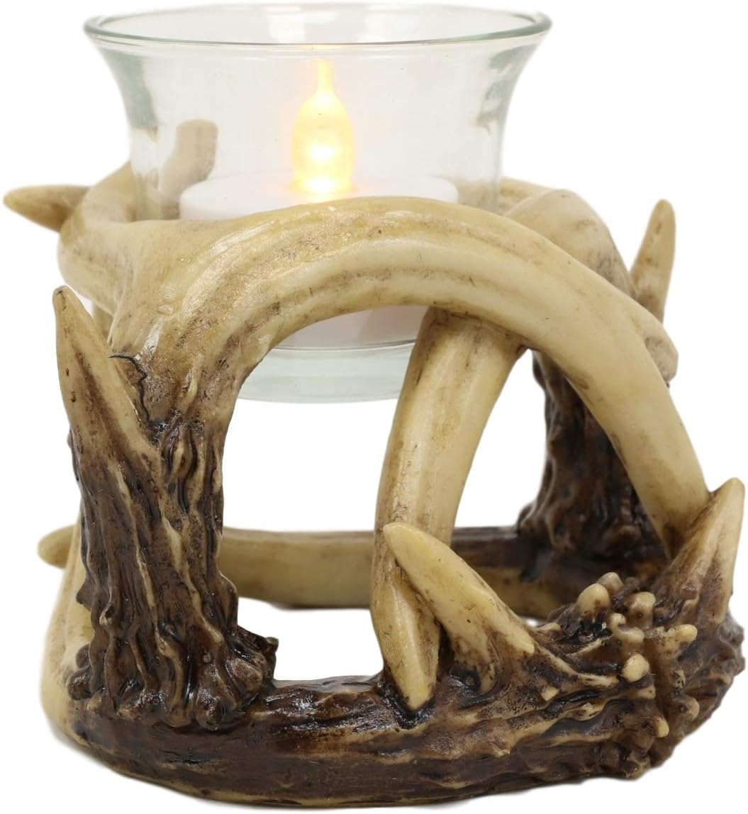 Ebros Set of 2 Wildlife Rustic Antler Votive Candle Holders