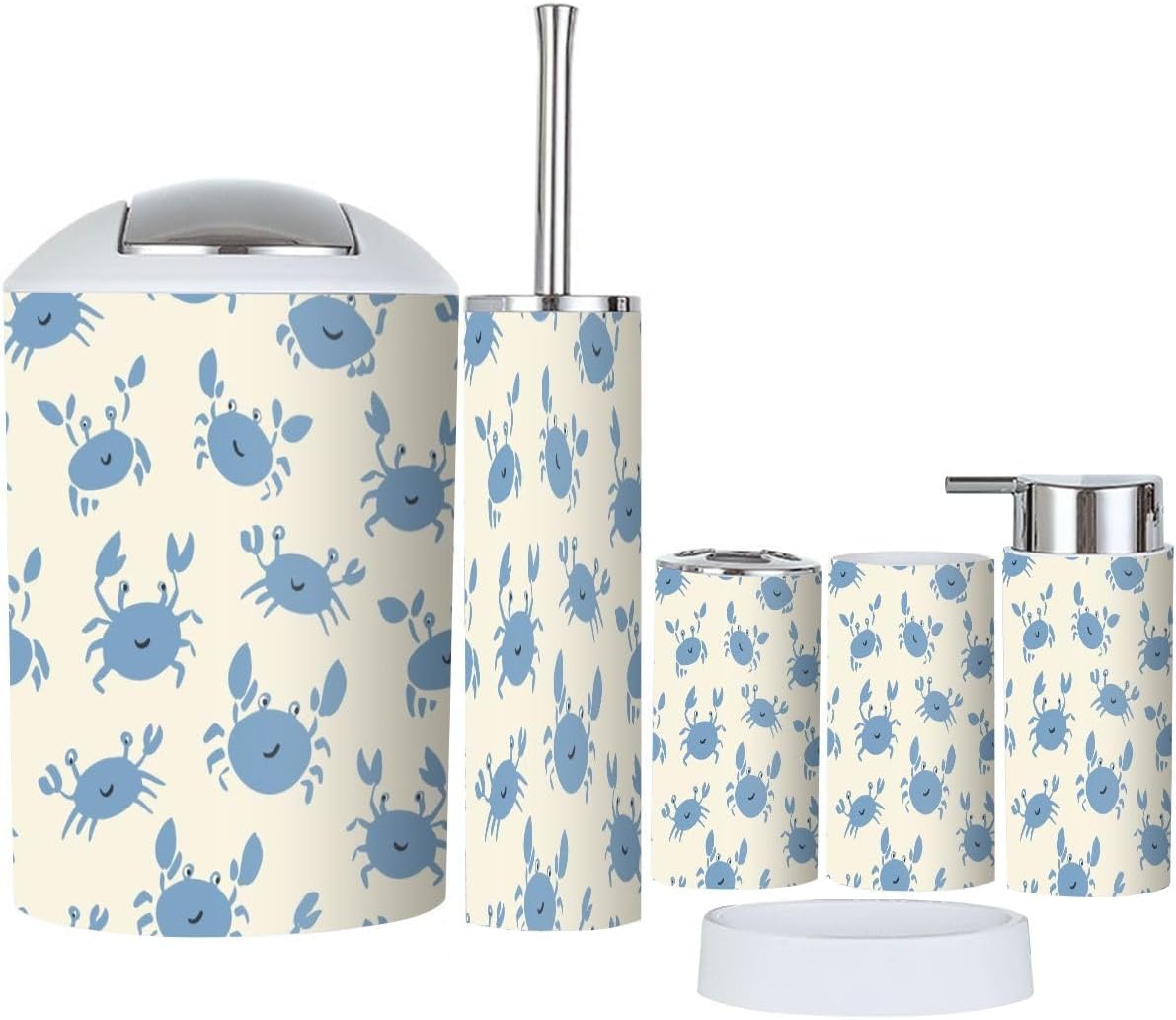 6-Piece Bathroom Set with Repeating Blue Crabs Durable Stylish