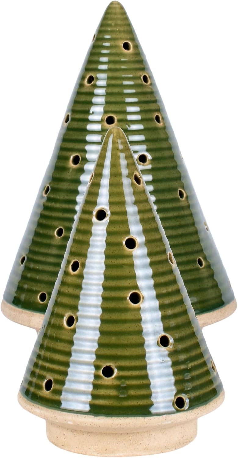 Glossy Green Tree Stoneware Tea Light Candle Holder Set 2
