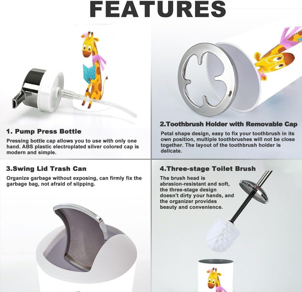 6-Piece Bathroom Accessories Set for Kids Cute Giraffe-themed