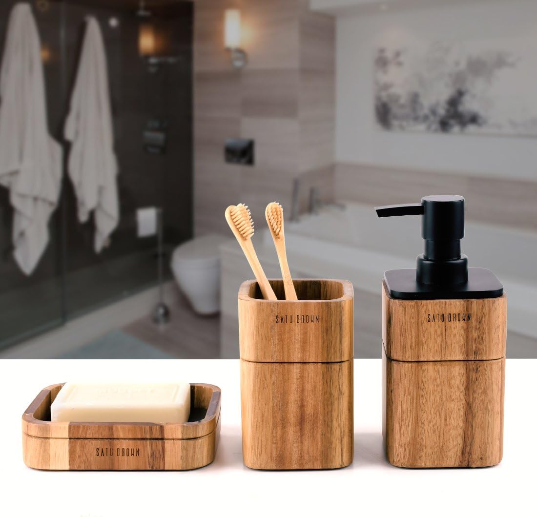 Bathroom Accessory Set 3-Piece Acacia Wood Rlegant Reusable and Eco-Friendly