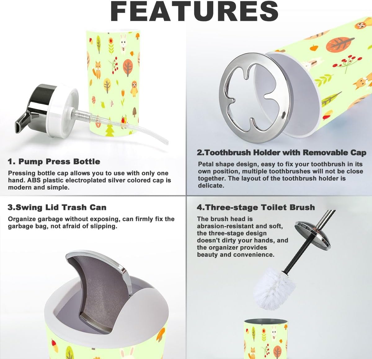 Bathroom Accessories Set 6 Pcs Cute Autumn Animals Decor