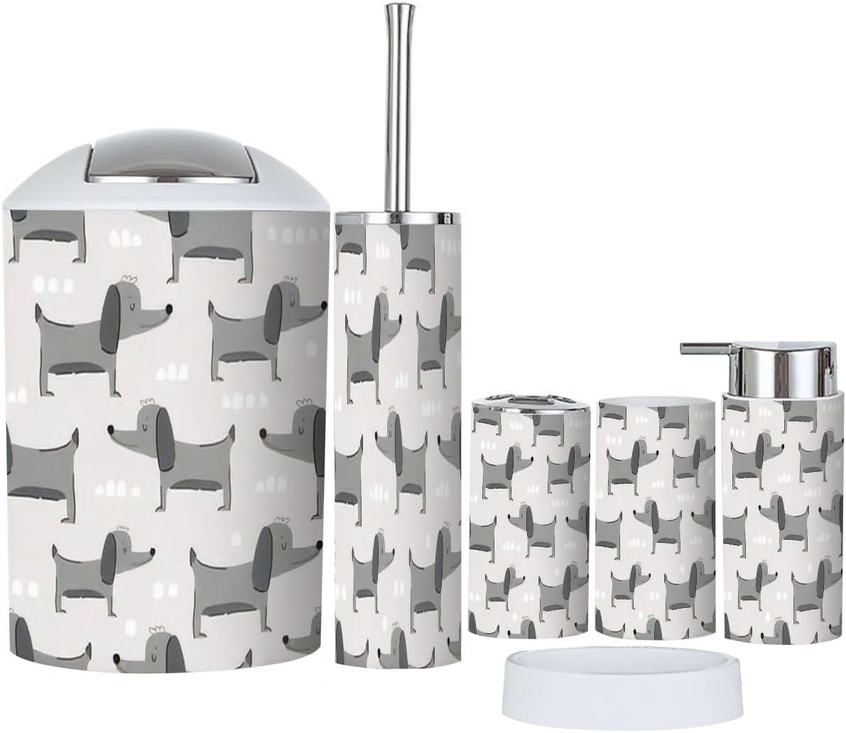 Bathroom Accessories Set 6 Pcs - Modern Dog Design for Kids Adults