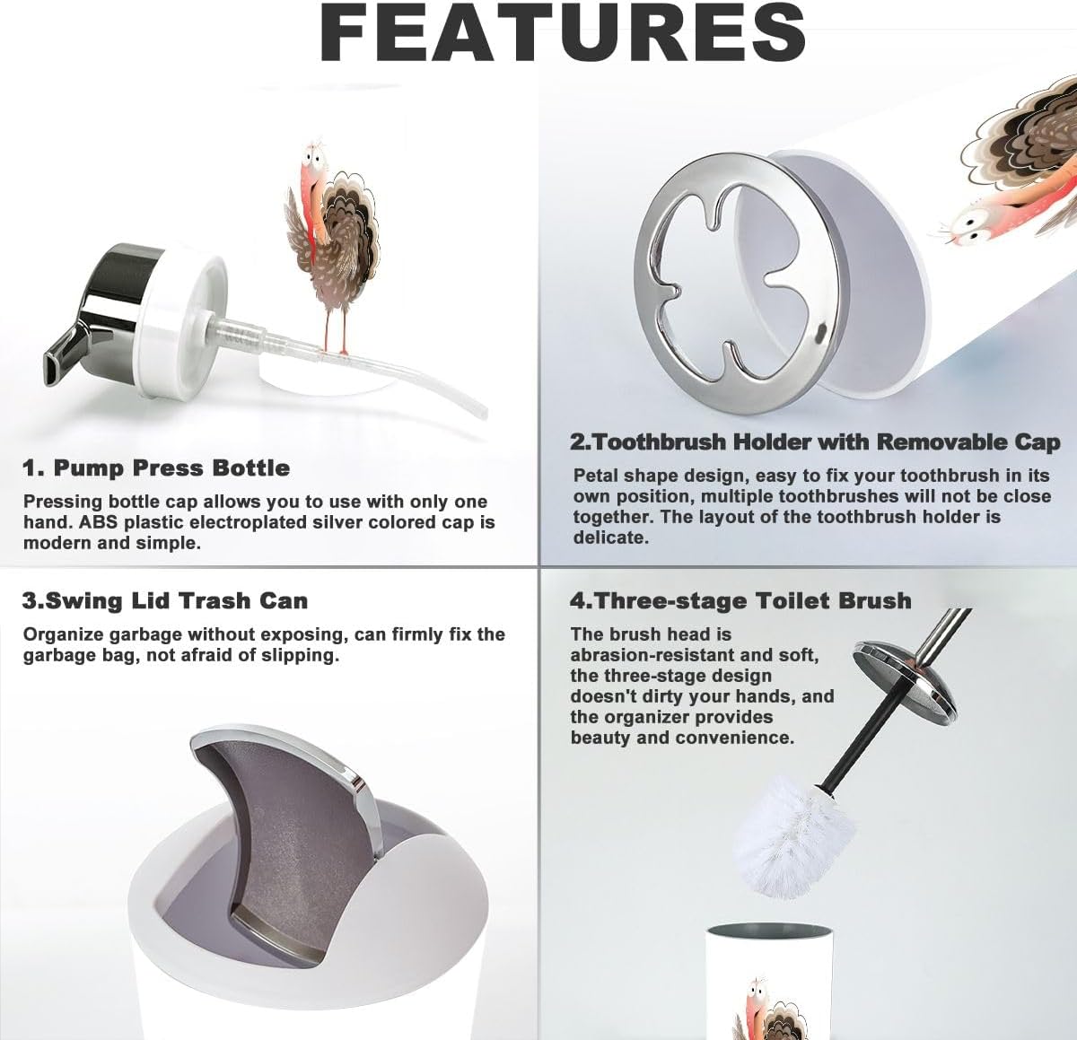 Cute Turkey Bird Bathroom Accessories Set for Kids