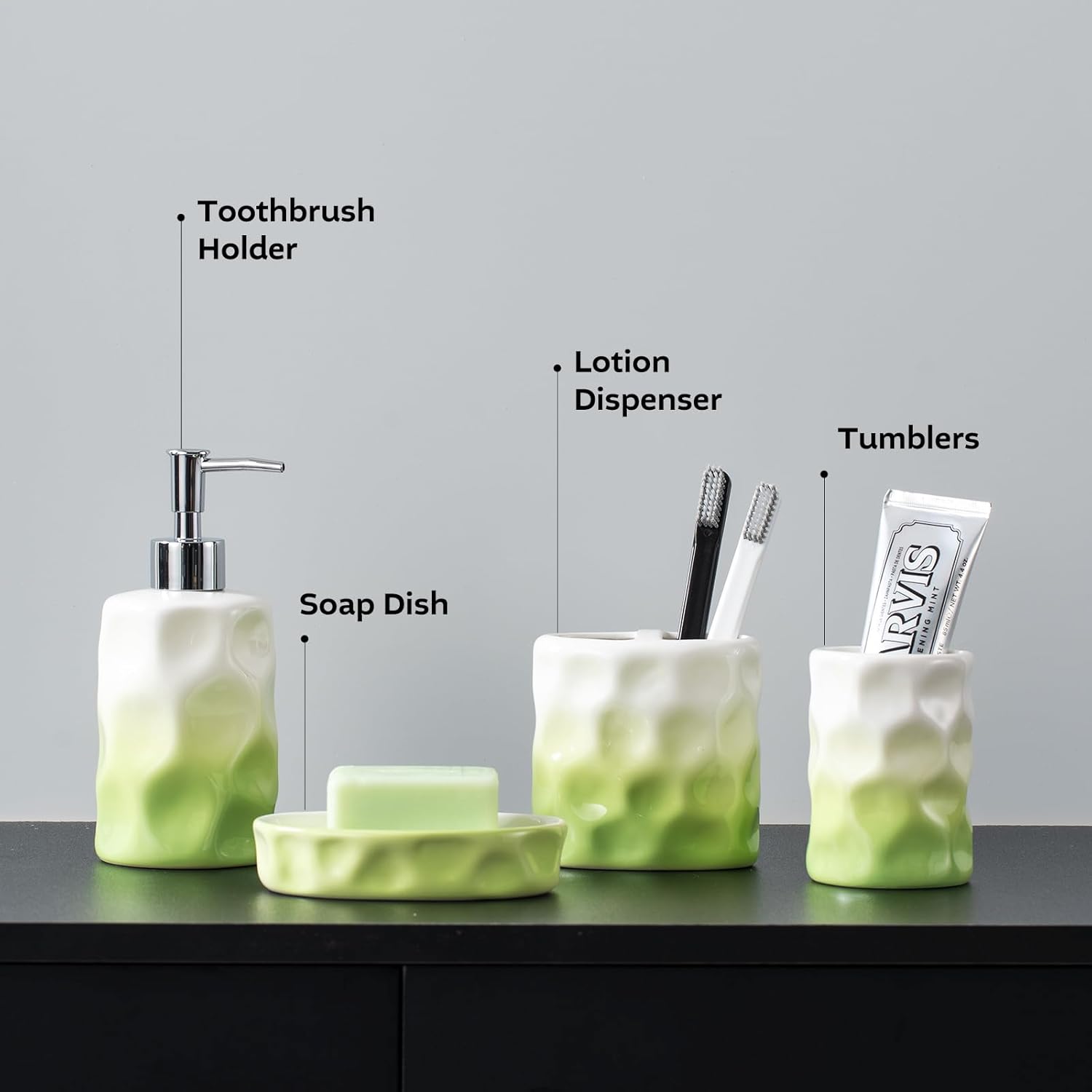 Sage Green Bathroom Accessory Set - 4 Piece Hand Pinch Design