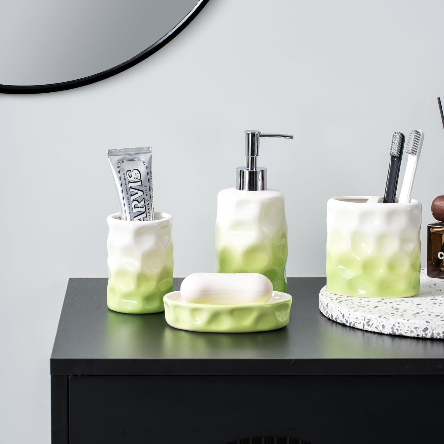 Sage Green Bathroom Accessory Set - 4 Piece Hand Pinch Design