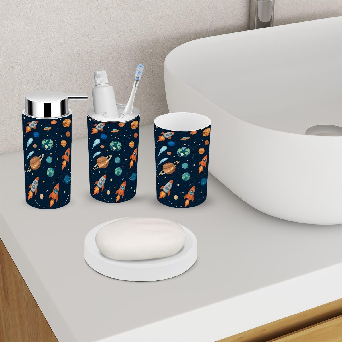 Bathroom Helper Set 6-Piece Space Theme Kids Cartoon Planet Seamless Rocket UFO