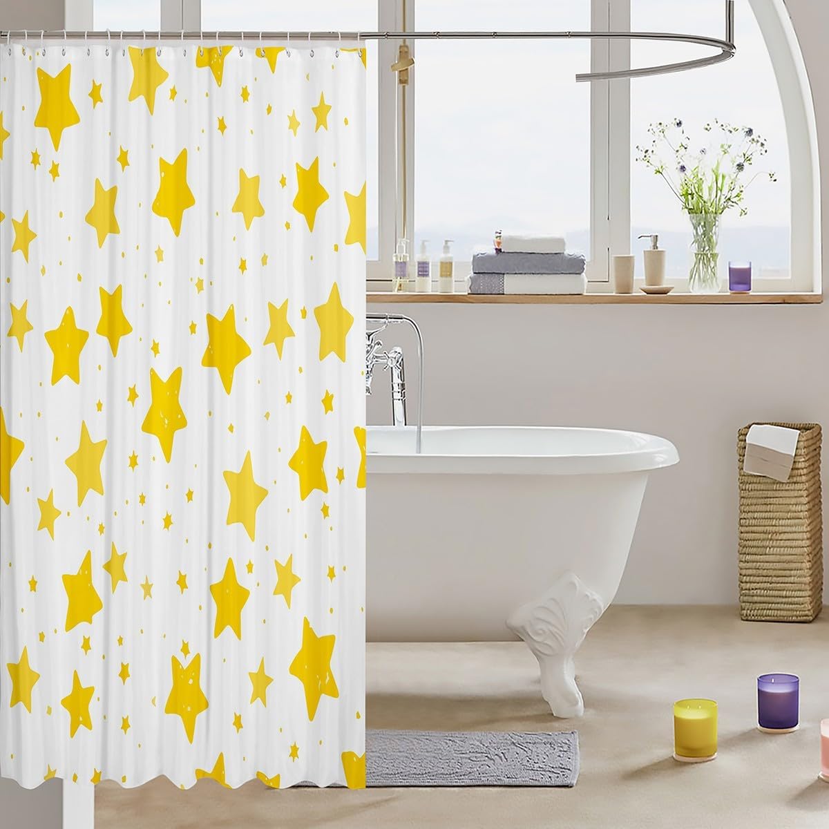 Yellow Cartoon Stars Bath Curtain 72x72 Kids Galaxy Shower Curtain for Boys