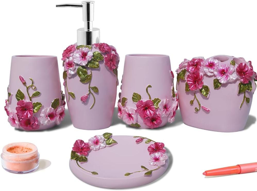 LUANT Pink 5-Piece Bathroom Accessories Set - Modern Luxury with Blossom Design