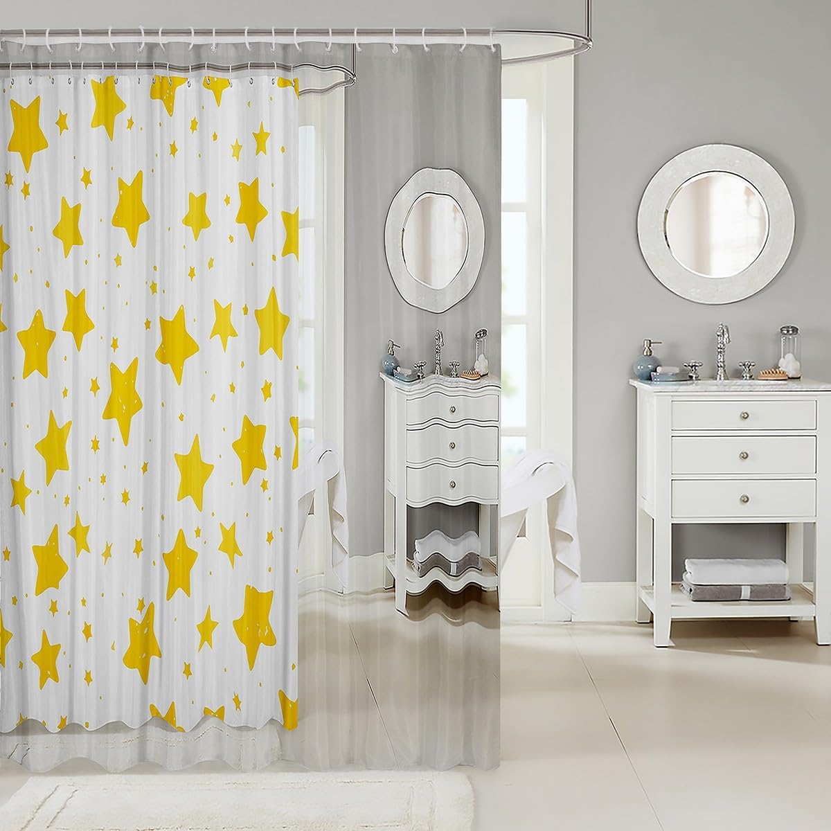 Yellow Cartoon Stars Bath Curtain 72x72 Kids Galaxy Shower Curtain for Boys