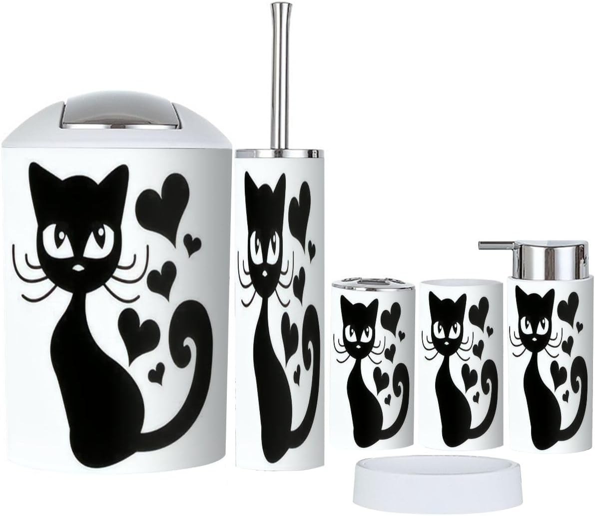 Bathroom Accessories Set 6 Pcs with Cat Graphics