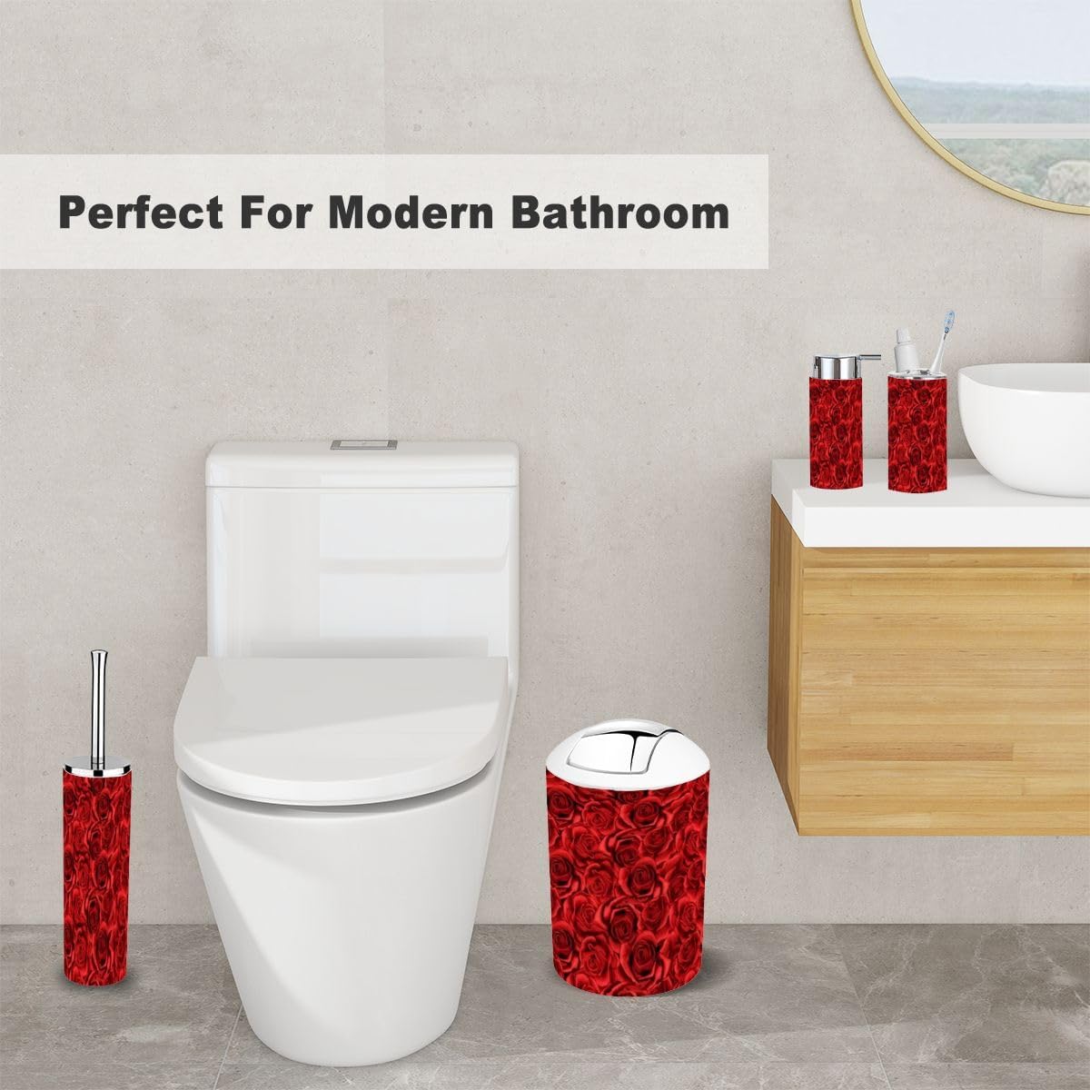 6 Piece Bathroom Accessory Set with Rose Flower Design