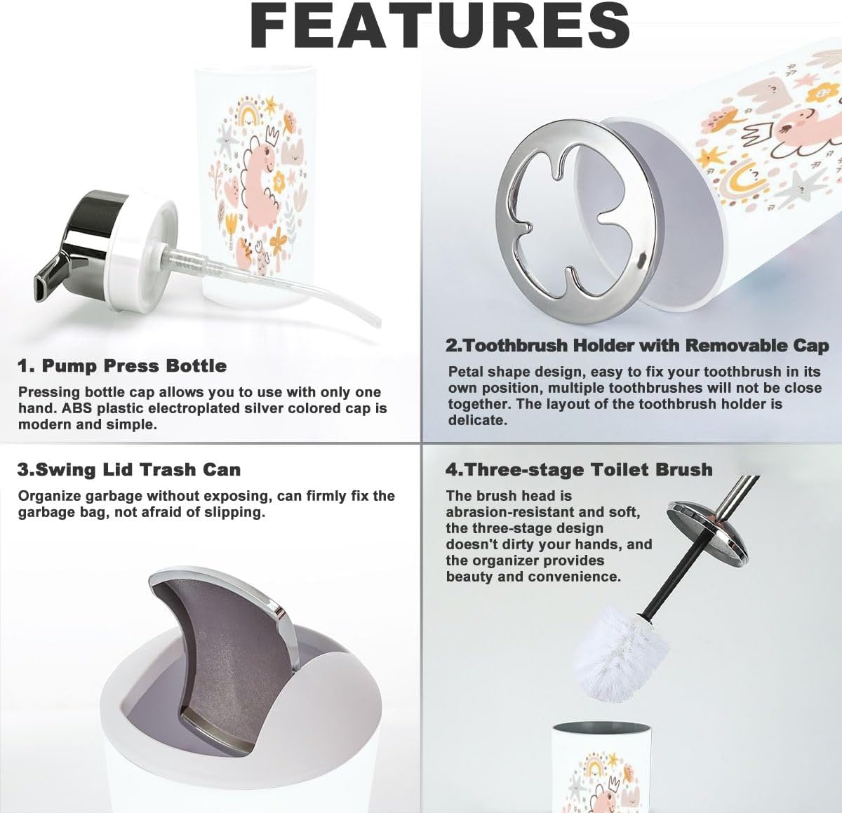 Bathroom Accessory Set 6 Piece Durable Stylish Essential Kit for Tidiness