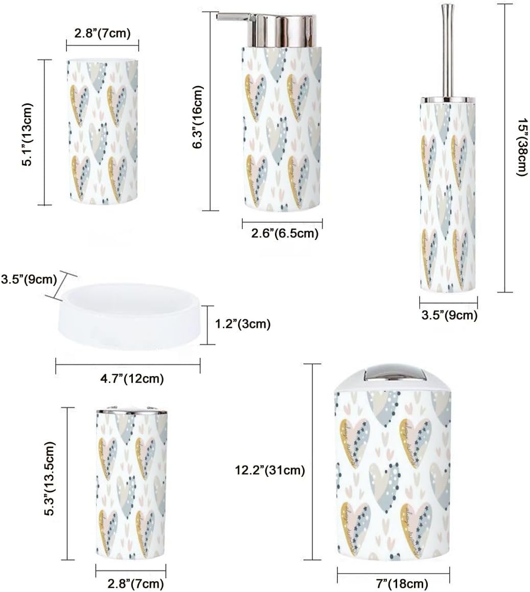 Bathroom Accessory Set 6 Piece Pastel Heart Valentine for Kids