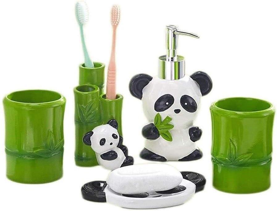 LFPSVC Soap Dispenser Set of 5 Panda Bamboo Bathroom Accessories