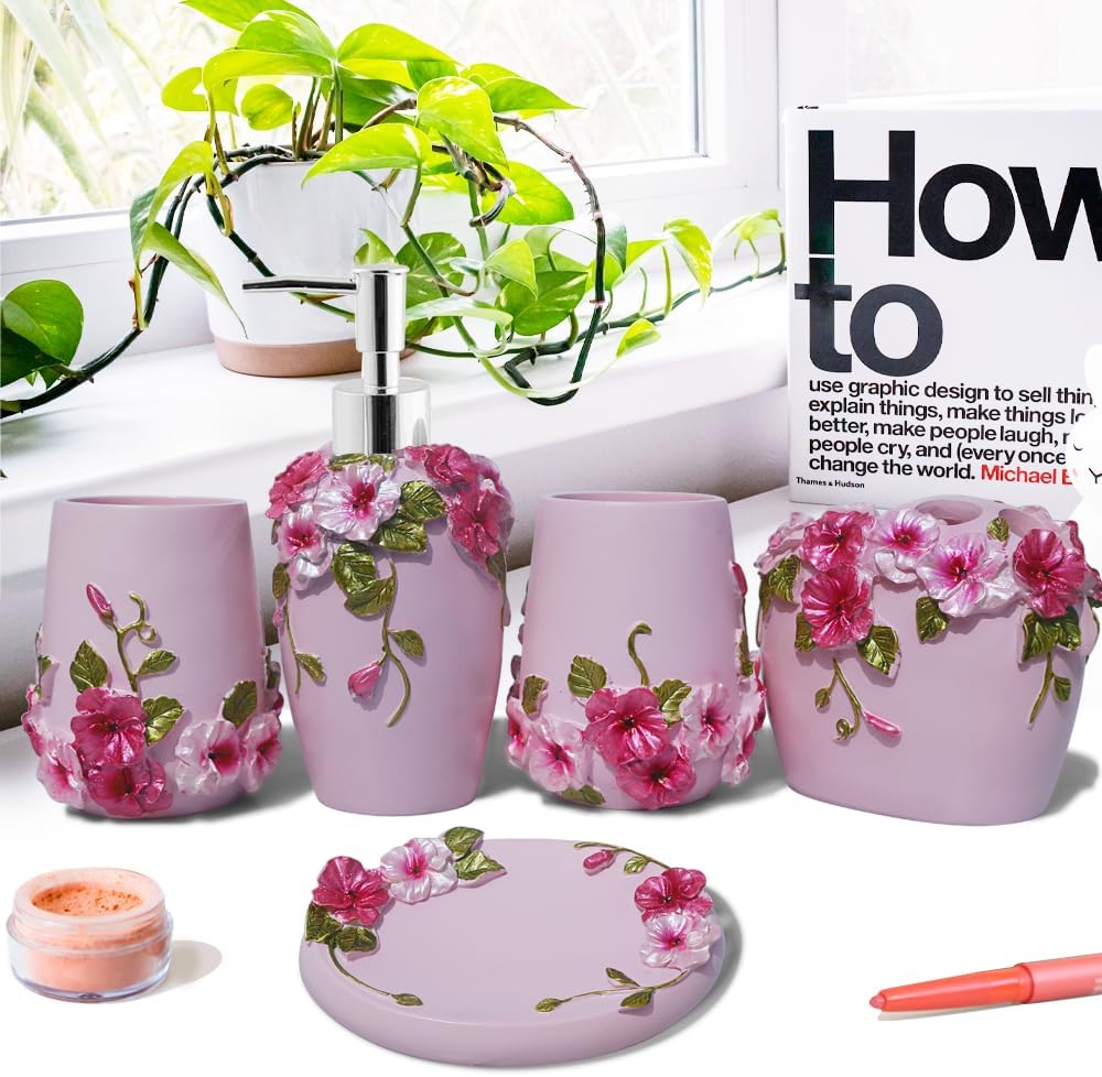 LUANT Pink 5-Piece Bathroom Accessories Set - Modern Luxury with Blossom Design