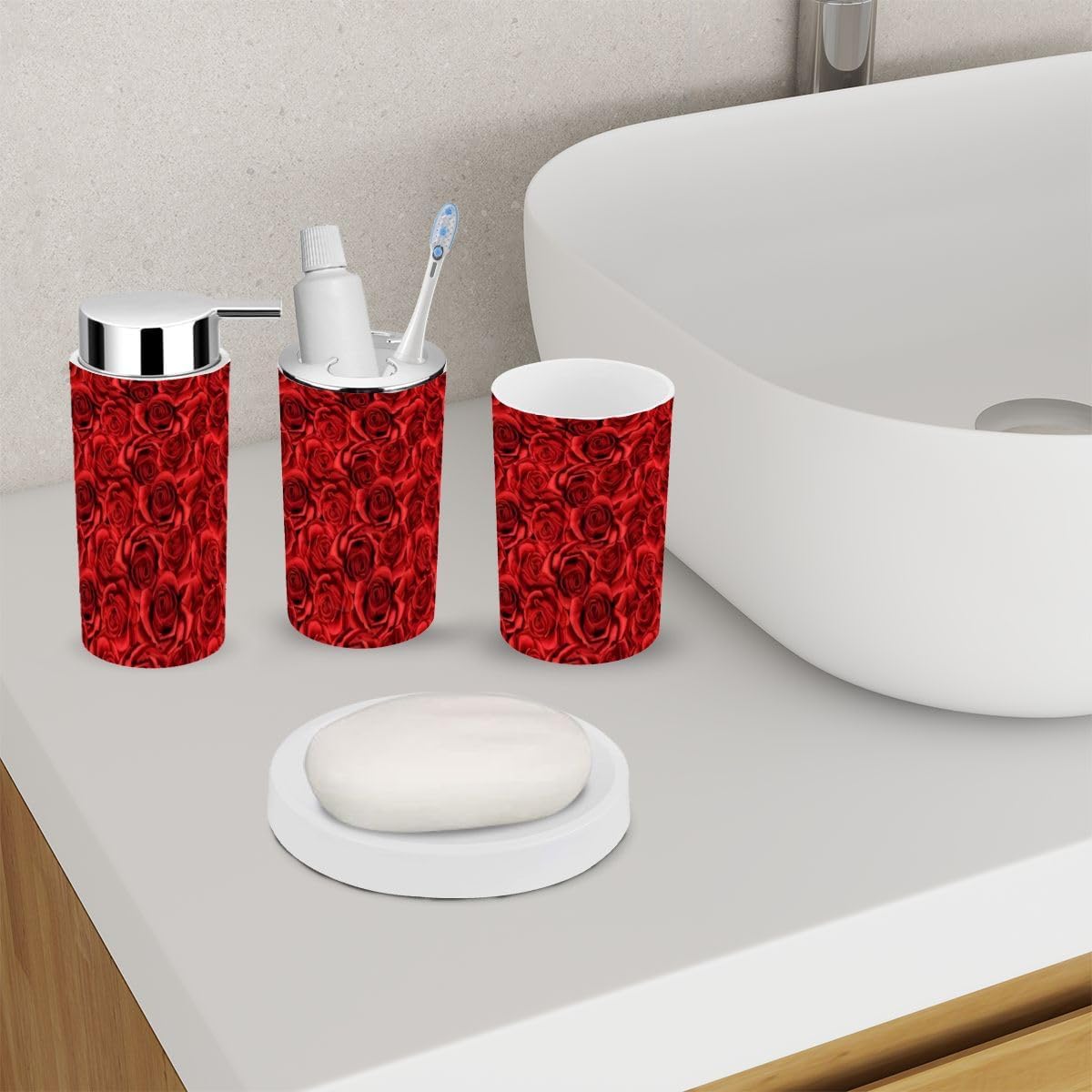 6 Piece Bathroom Accessory Set with Rose Flower Design