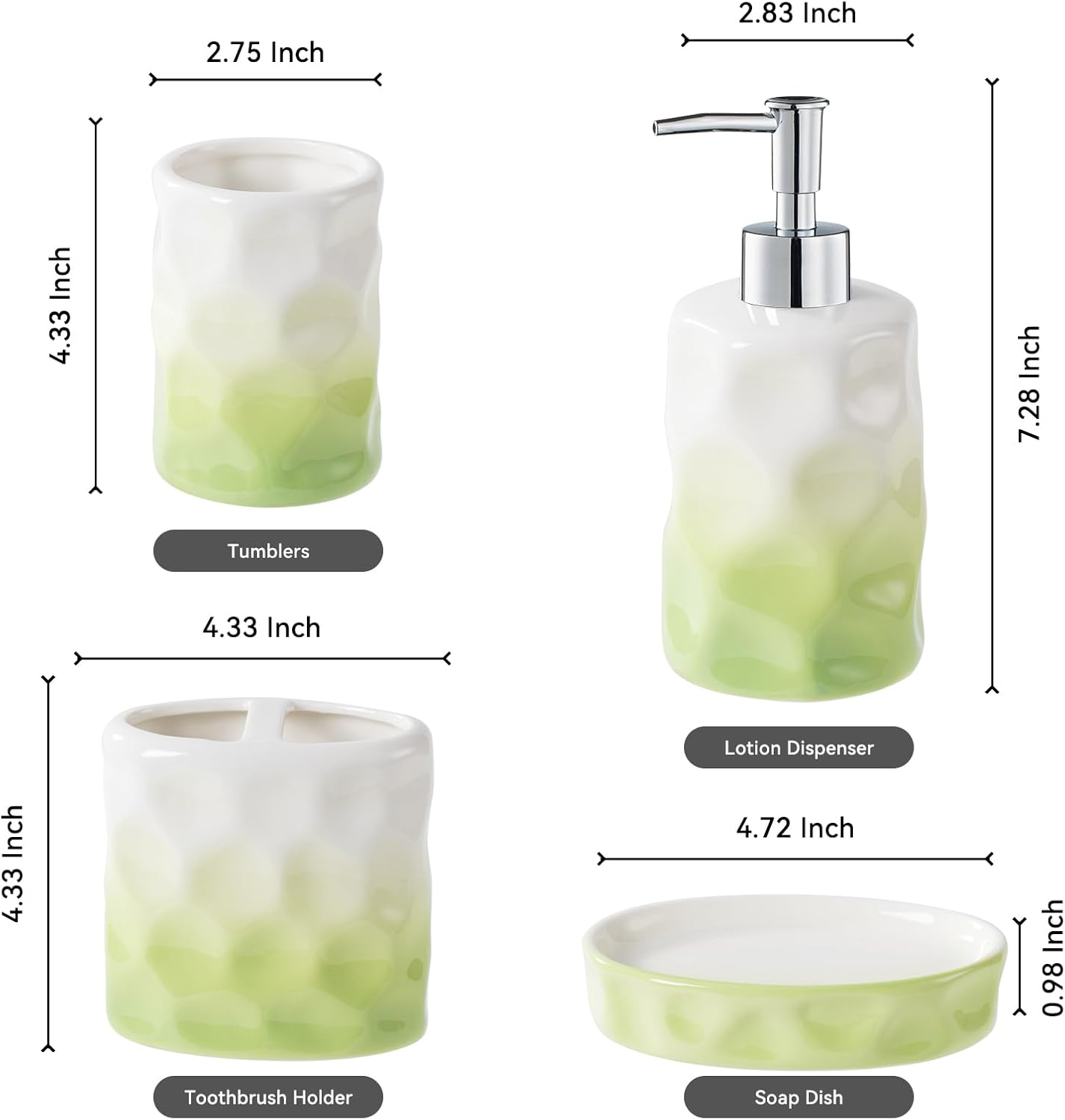 Sage Green Bathroom Accessory Set - 4 Piece Hand Pinch Design
